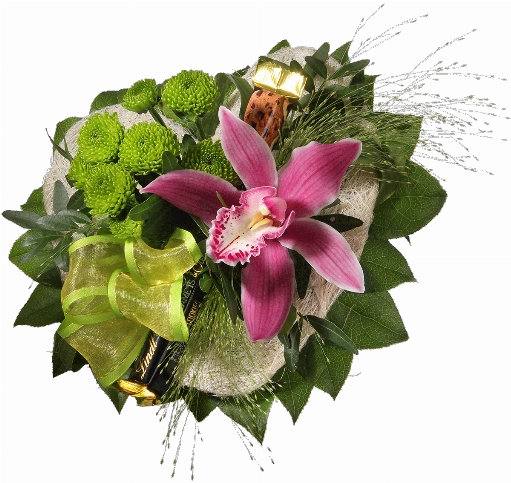 Blumenstrauß ″Glückwunsch″ bestehend aus Orchideenblüte im Sisalherz, grüne Chrysatemen, grüne Schleife, 1 Schokoriegel "Hello" von Lindt.