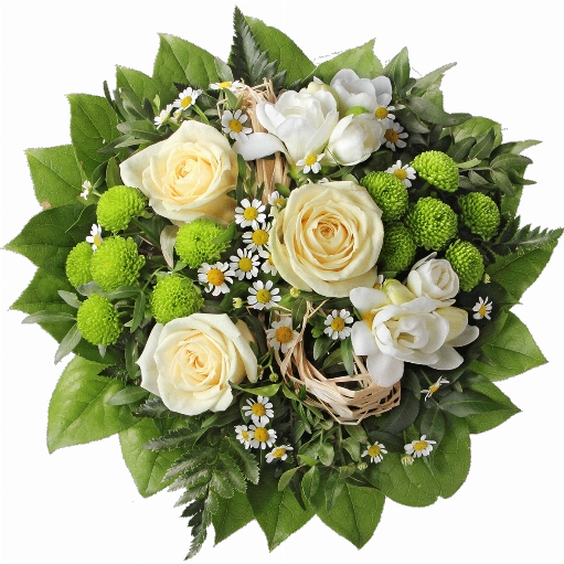Blumenstrauß ″Verspielt″ bestehend aus 3 cremefarbene Rosen, 2 weiße Freesien, grüne Chrysanthemen, Kamillenblüten, Bastschleife, verschiedenes Beiwerk.